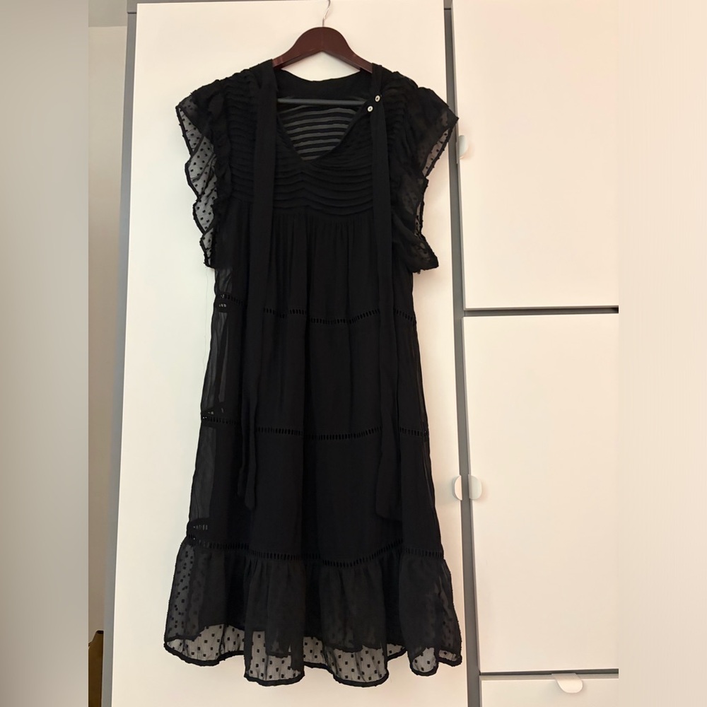 Mango Black Ruffled Midi Dress with Puff Sleeves